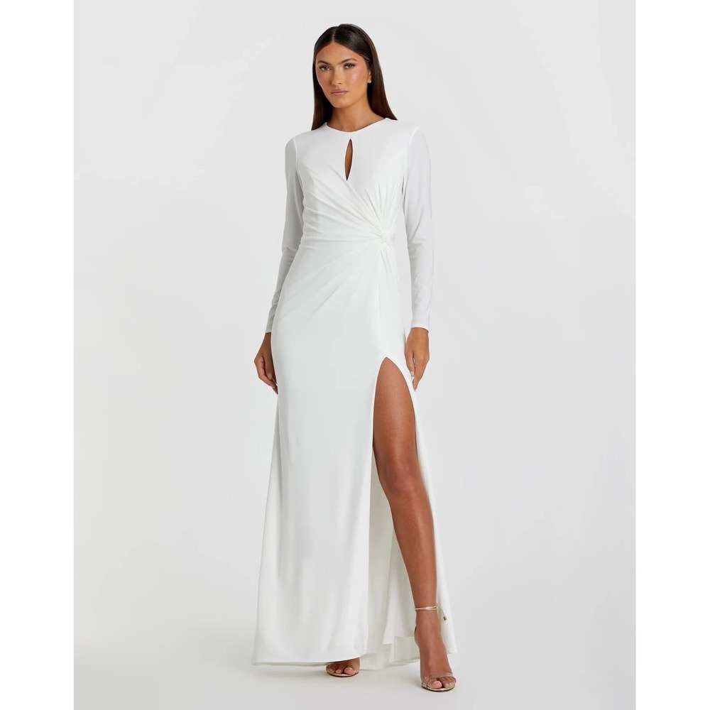NWT Mac Duggal 55708 White Long Sleeve Keyhole Draped Maxi Jersey Gown 14 $398